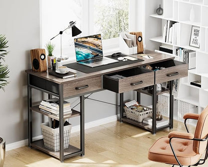 ODK Office Small Computer Desk: Home Table with Fabric Drawers & Storage Shelves, Modern Writing Desk, Grey Oak, 48"x16"