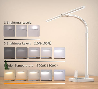 Led Desk Lamp for Home Office, Double Head Desk Lamp with Base, 24W-5 Color Modes and 5 Dimmable Dimming Lighting Desk Light, Eye-Caring Modern Task Lamp for Architect Study Drafting Reading