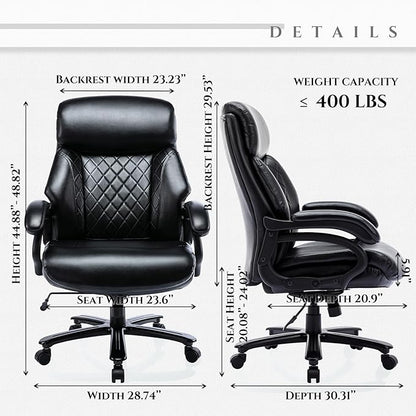 COLAMY Big and Tall Office Chair 400lbs-Heavy Duty Executive Desk Chair with Extra Wide Seat, High Back Ergonomic Leather Computer Chair with Tilt Rock&Tension, Padded Armrests-Black