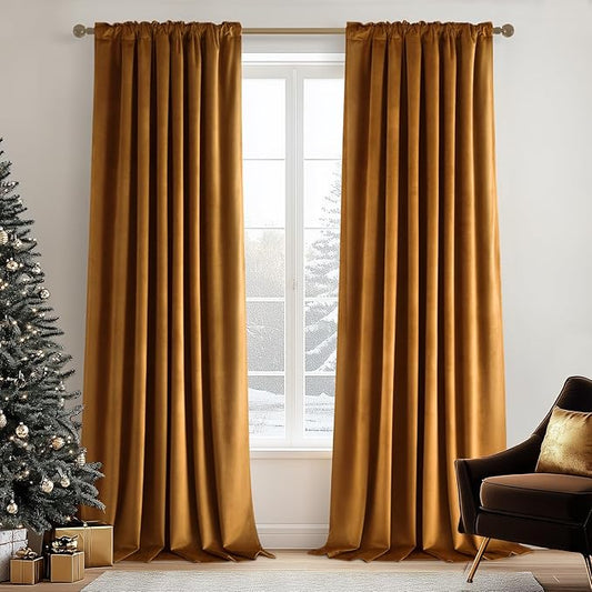 Topfinel Velvet Blackout Curtains Gold Brown Room Darkening Soundproof Insulated Curtains 84 Inch Long, Mordern Luxury Drapes for Living Room, Thick Back Tab Rod Pocket 2 Panels Christmas Winter Decor