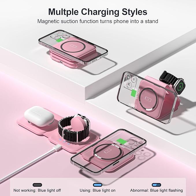 UCOMX 3 in 1 Charging Station for Multple Devices,Foldable 3 in 1 Wireless Charger for Travel,Nano Wireless Charging Station for iPhone16 15 14 13 12 Pro Max/Watch 10 9 8 7 6 5 4 3 Ultra/AirPod Pro