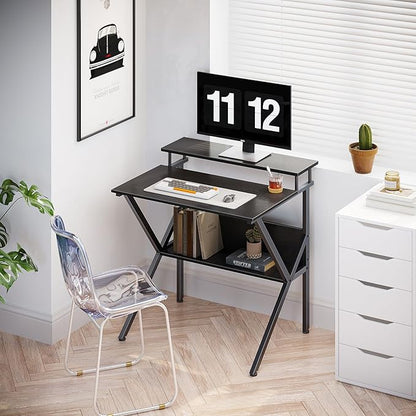 ODK Small Computer Desk, 27.5 Inch, Compact Tiny Study Desk with Storage and Monitor Stand for Home Office, Small Spaces, Black