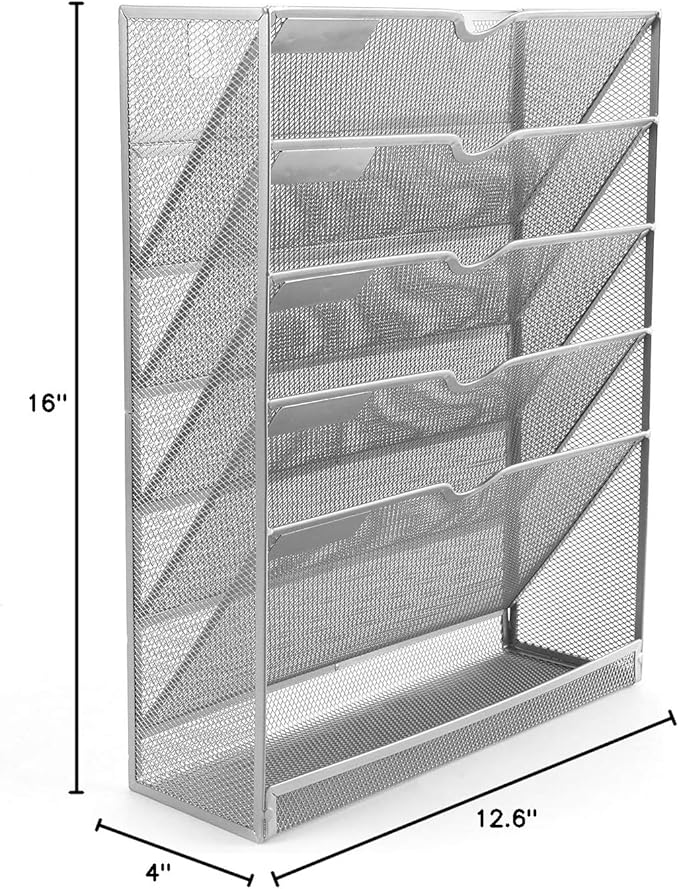 EasyPAG Wall File Organizer Mesh 5 Tier Vertical Hanging File Folders Holder Rack for Office Home,Silver