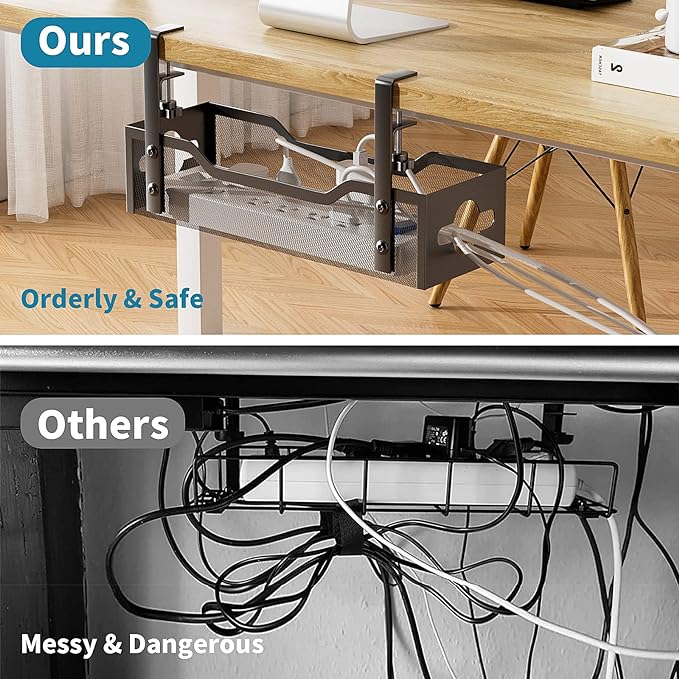 Under Desk Cable Management Tray Black, Litwaro Cable Management Under Desk No Drill, Desk Cable Organizer with Clamp for Desk Cord Organizer, Desk Wire Management No Damage to Desk for Office, Home