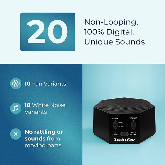 Adaptive Sound Technologies LectroFan Classic White Noise Machine - Compact Sleep Sound Machine for Bedroom, Travel, Study & More - 20 Non-Looping Fan & White Noise Variations - Black