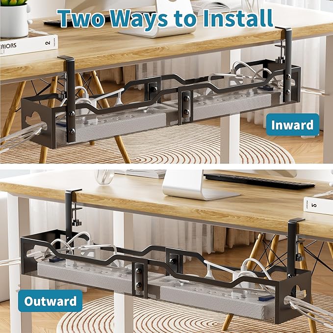 Under Desk Cable Management Tray, Litwaro Cable Management Under Desk No Drill, 25'' Metal Cable Tray with Clamp for Desk Wire Management, Desk Cord Organizer - No Damage to Desk