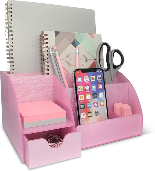 Pink Desk Organizer Office, Acrylic, with Drawer, 9 Compartments, Supplies and Cool Desk Accessories Organizer, Desktop Pen Holder (Pink)