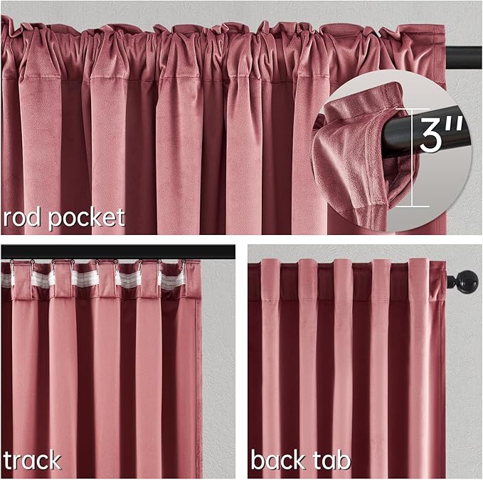 Topfinel Dusty Rose Velvet Blackout Curtains 96 Inches Long, Blush Pink Rose Gold Pleated Boho Floor to Ceiling Spring Cute Back Tab Heavy Crushed Velvet Curtains for Living Room Bedroom with Hooks