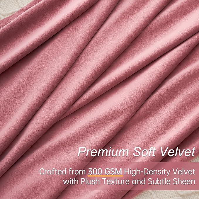 Topfinel Dusty Rose Velvet Blackout Curtains 96 Inches Long, Blush Pink Rose Gold Pleated Boho Floor to Ceiling Spring Cute Back Tab Heavy Crushed Velvet Curtains for Living Room Bedroom with Hooks