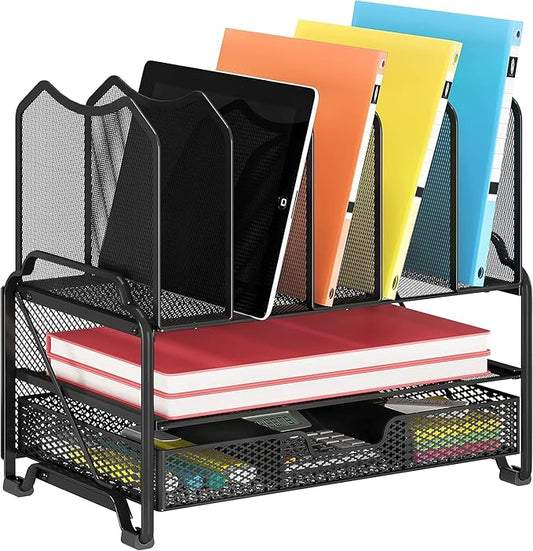 Simple Trending Mesh Desk File Organizer, Office Supplies Desktop Storage with Sliding Drawer, Double Tray and 5 Upright Section Sorter Organizer, Black