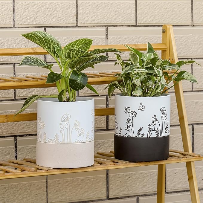 Nihow Self Watering Plant Pot: 6 Inch Ceramic Planter with Drainage Hole & Water Storage Plus for Indoor & Outdoor Plants - Cylinder Round Flower Pot for Succulent/Herbs/Violets -White & Nature