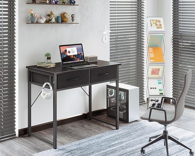 ODK Small Desk with Fabric Drawers- for Bedroom, White Study Desk with Storage, Home Office Computer Desk for Small Spaces, 32 Inch Modern Work Writing Kids Table, Black