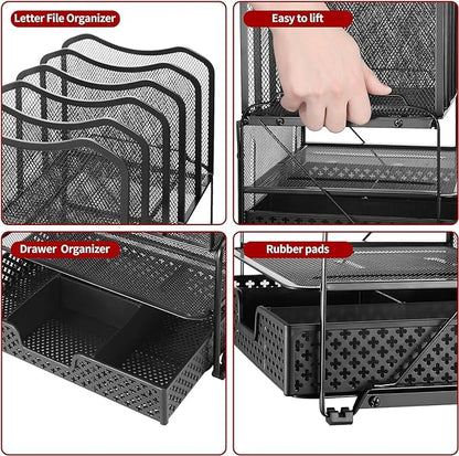 Simple Trending Desk File Organizer with Sliding Drawer, Metal Mesh Double Tray and 5 Upright Section Sorter and 2 Pen Holder, Black