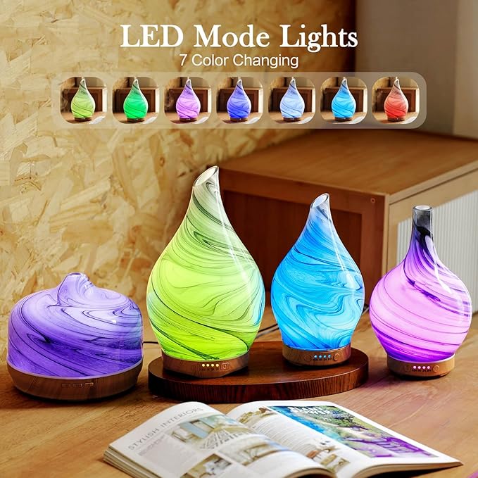 Porseme 280ml Essential Oil Diffuser Glass Color Changing Aroma Air Diffusers Aromatherapy Ultrasonic Cool Mist Humidifier 7 Running Hours Waterless Auto-Off for Sleeping, Yoga, Office, Spa (Ink)