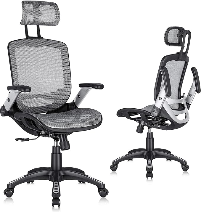 GABRYLLY Ergonomic Office Chair, High Back Home Desk Chair with Headrest, Flip-Up Arms, 90-120° Tilt Lock and Wide Cushion, Big and Tall Mesh Chairs for Man Woman, Grey Task Chair