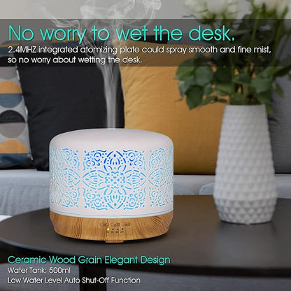 Earnest Living Essential Oil Diffuser White Ceramic Diffuser 500 ml Timers Night Lights and Auto Off Function Home Office Humidifier Aromatherapy Diffusers for Essential Oils