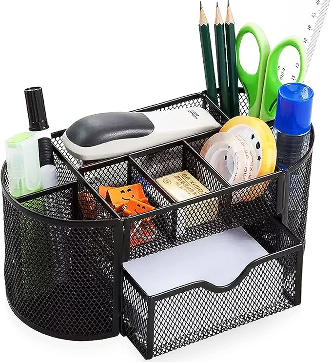 Mesh Desk Organizer Desktop Office Supplies Multi-functional Caddy Pen Holder Stationery with 8 Compartments and 1 Drawer for Office, Home, School, Classroom (Black)