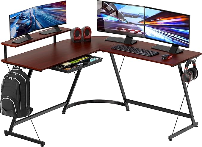 SHW Vista L-Shape Desk with Monitor Stand, Cherry