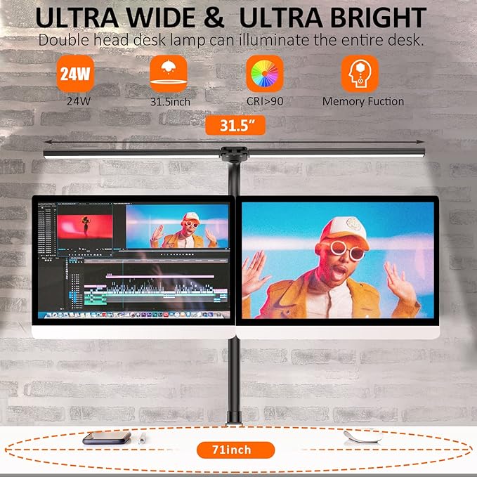 Double Head LED Desk Lamp, Architect Desk Lamps for Home Office, 24W Brightest Workbench Office Lighting-5 Color Modes and 5 Dimmable Eye Protection Modern Desk Lamp for Monitor Reading