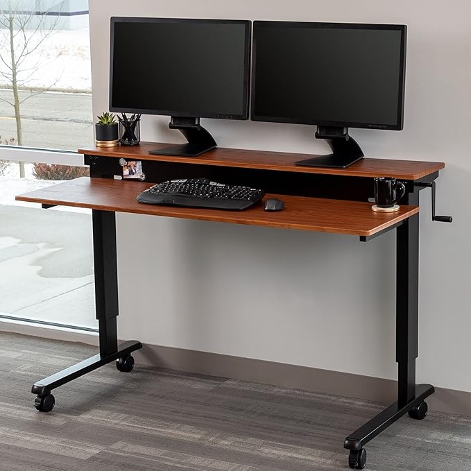 S STAND UP DESK STORE Crank Adjustable 2-Tier Standing Desk with Heavy Duty Steel Frame (Black Frame/Teak Top, 60 inch Wide)