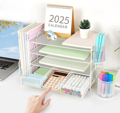 gianotter Paper Letter Tray Organizer with File Holder, 4-Tier Desk Accessories & Workspace Organizers with Drawer and 2 Pen Holder, Desk Organizers and Accessories for Office Supplies (White)