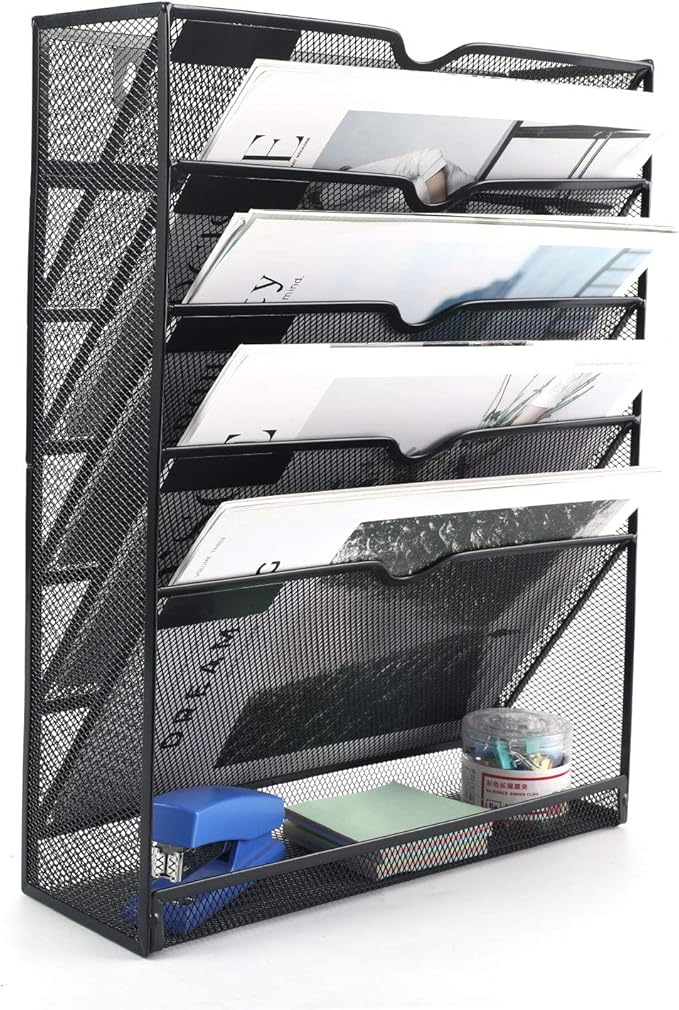 EasyPAG Mesh Wall Hanging File Organizer 5 Tier Letter-sized Desk/Wall Mount File Holder Mail Organizer for Office Home and Classroom, Black