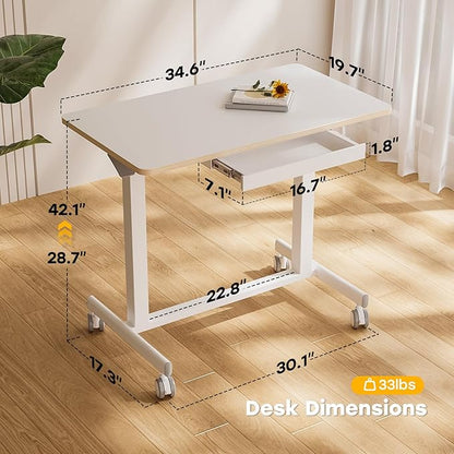 JOY worker Mobile Standing Desk, 35In Small Standing Desk with Drawer, Pneumatic Height Adjustable Rolling Desk Holds Up to 33lbs, White Mobile Laptop Desk with Dual Handles & Columns