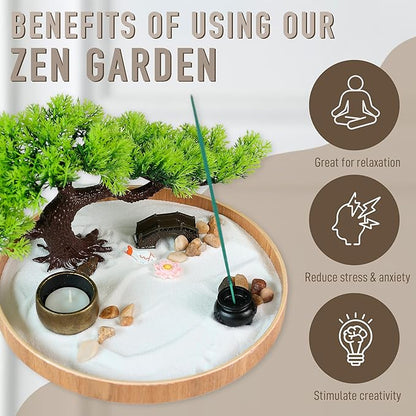 Japanese Zen Garden for Desk - Zen Garden Sand Kit, Artificial Bonsai Tree, Rakes & Accessories - Japanese Decor Office Home Desktop Relaxation Sandbox Decor. 9.5" Inches Wooden Round Tray