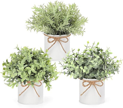 Mkono Fake Plants in Farmhouse Galvanized Metal Pots Table Centerpiece Rustic Home Decor, 3 Pack Potted Artificial Plants Faux Eucalyptus for Shelf Indoor Dining Room Office