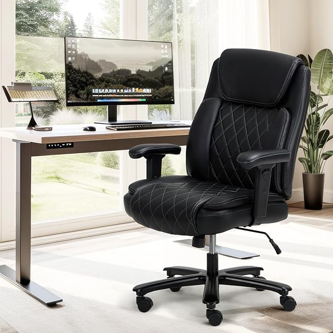 COLAMY Big and Tall Office Chair 400lbs - Ergonomic High-Back Leather Executive Desk Chair with Padded Lumbar Support, Adjustable Arms, Wide Seat, Swivel Rolling for Heavy People, Black