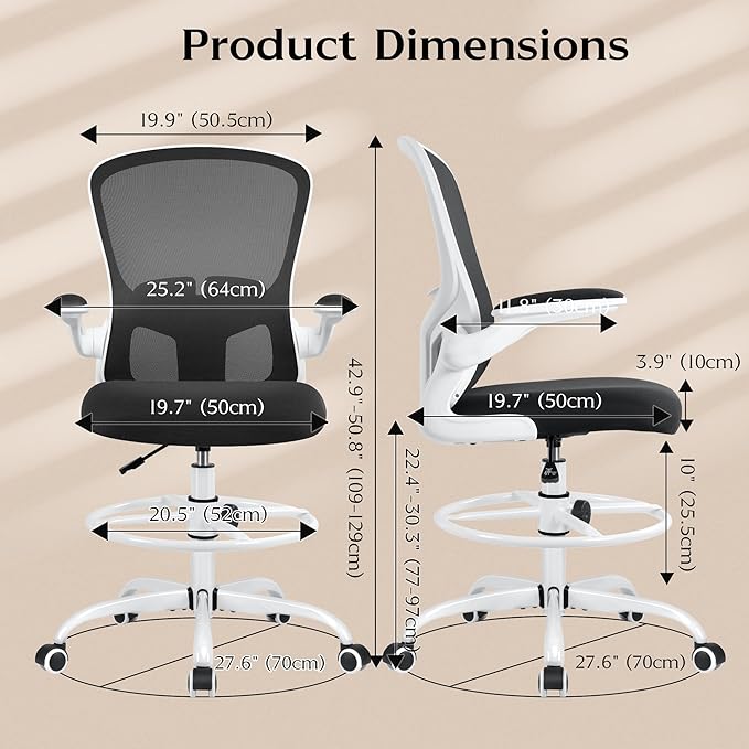 FelixKing Drafting Chair, Tall Office Chairs with Footrest Ring, Home Standing Desk High Chair with Lumbar Support Adjustable Counter Height Ergonomic Swviel Rolling Chairs for Working (White)