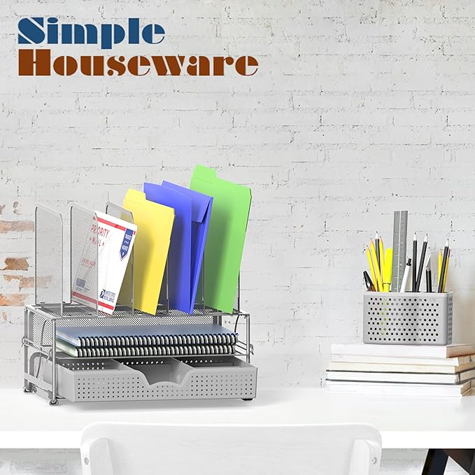 Simple Houseware Mesh Desk Organizer with Sliding Drawer, Double Tray and 5 Upright Sections, Silver