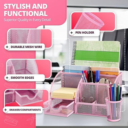 Flexzion Desk Top Caddy Organizer - Pink Office Desk Accessories Organizer and Storage - Metal Mesh Desk with 6 Compartments, Drawer and Pen Holder