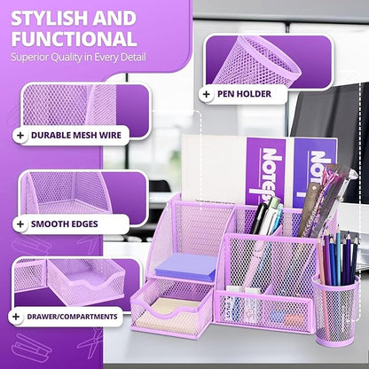 Flexzion Desk Top Caddy Organizer - Purple Office Desk Accessories Organizer and Storage - Metal Mesh Desk with 6 Compartments, Drawer and Pen Holder