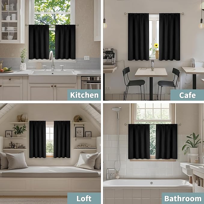 BGment Short Blackout Curtains for Kitchen 30 Inch Long, Bedroom Curtains for Small Window Thermal Insulated Full Room Darkening Soundproof Curtains for Bathroom, 2 Panels, Each Panel 42 Wide, Black