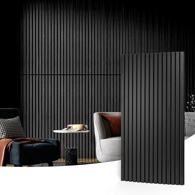 Art3d 2 Wood Slat Acoustic Panels for Wall and Ceiling - 3D Fluted Sound Absorbing Panel with Wood Finish - Matte Black