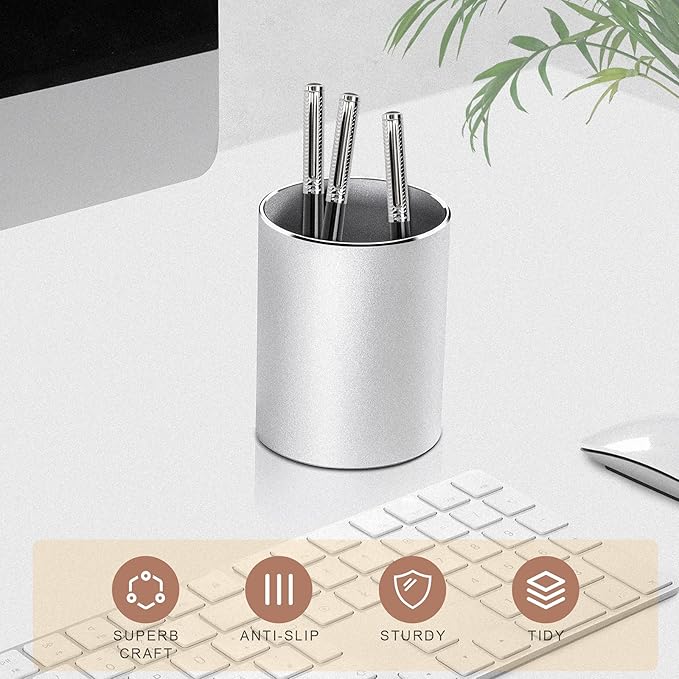 Vaydeer Metal Pen Holder Aluminum Pencil Holder for desk, Round Desktop Organizer and Silver Pencil Cup for Office, School, Home and Stationary Supplies (3.15 x 3.15 x 3.94 Inches)