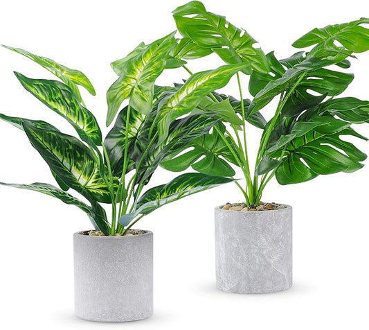 2pcs Fake Plants 16" Faux Plants Artificial Tropical Plants Indoor for Home Office Desk Kitchen Bathroom Table Shelf Sage Green Decor