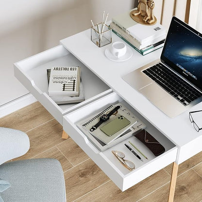 FOTOSOK White Computer Writing Desk with 2 Drawers, Small Desk Makeup Vanity Table Wood Desk with 4 Oak Legs, Modern Home Office Desk Console Study Table