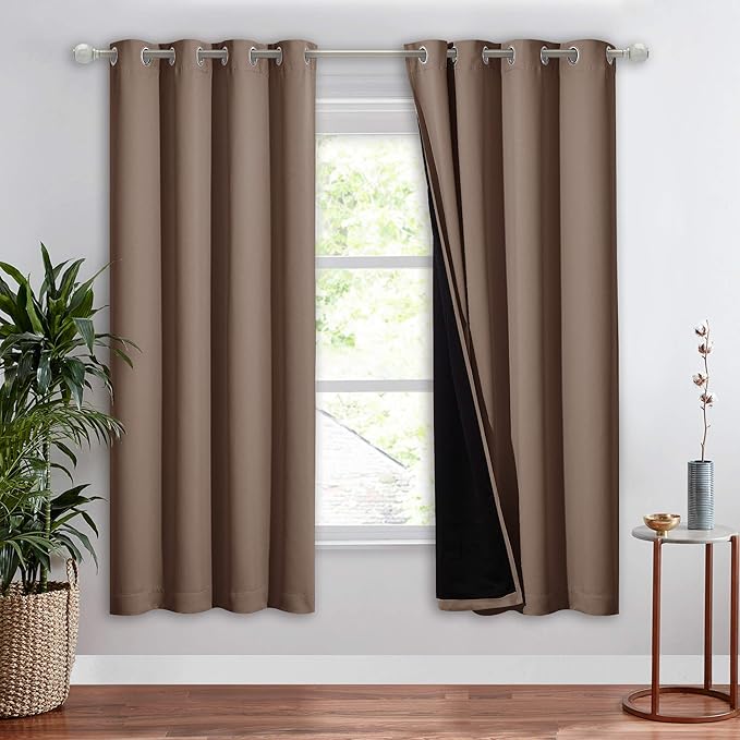 NICETOWN Living Room Completely Shaded Drapery, Privacy Protection & Noise Reducing Ring Top Drapes, Black Lined Insulated Window Treatment Curtain Panel (Cappuccino, 1 Piece, W52 x L72)