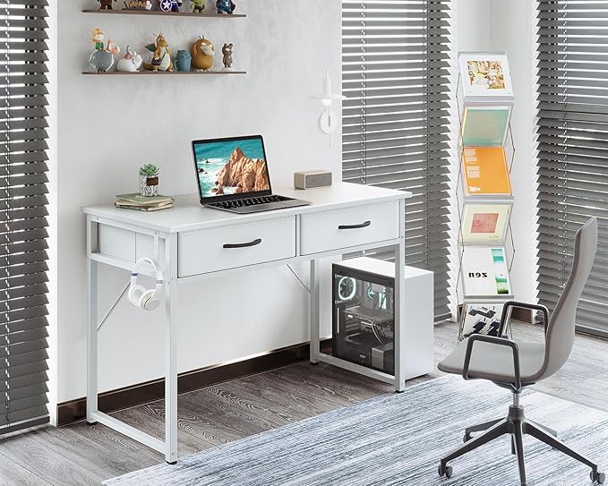 ODK 40 Inch Small Desk with Fabric Drawers- for Bedroom, White Vanity Desk with Storage, Home Office Computer Desk for Small Spaces, Modern Work Writing Study Table, White