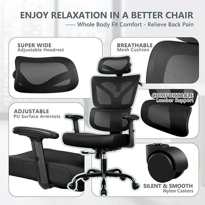 Office Chair Ergonomic Desk Chair, High Back Gaming Chair, Big and Tall Reclining Comfy Home Office Chair Lumbar Support Breathable Mesh Computer Chair Adjustable Armrests (Black)