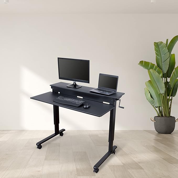 Stand Up Desk Store Crank Adjustable Two Tier Standing Desk with Heavy Duty Steel Frame (Black Frame/Black Top, 48" Wide)