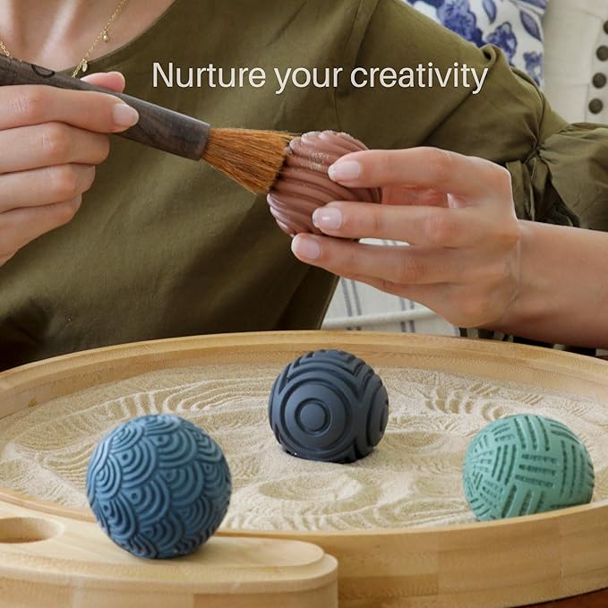 Japanese Zen Garden Kit for Desk - Premium Sand Garden - Mini Zen Décor Office Desktop Accessories - Bamboo Crafted Meditation Therapy Tray - Gift Set - 4 Stamp Spheres Natural Rake Custom Holder