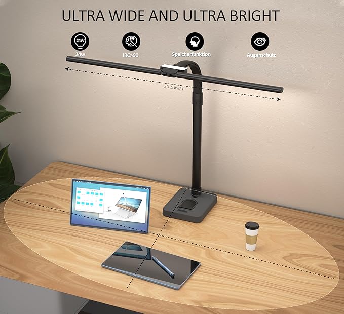 Led Desk Lamp for Home Office, Double Head Desk Lamp with Base, 24W-5 Color Modes and 5 Dimmable Dimming Lighting Desk Light, Eye-Caring Modern Task Lamp for Architect Study Drafting Reading