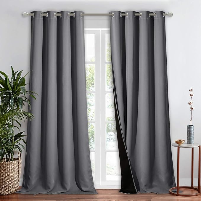 NICETOWN Total Shade Curtain and Draperie, Gray, 1 Panel, 52 inches Wide x 90 inches Long, Heavy-Duty Full Light Shading Drape with Black Liner Backing for Villa/Hall/Dorm Window