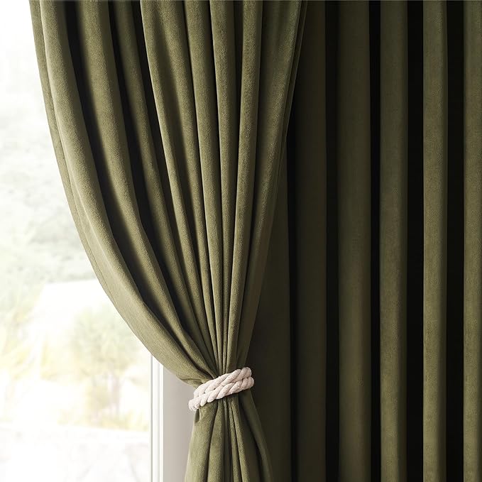 Topfinel Olive Green Curtains 90 Inches Long for Bedroom,Moderate Velvet Fabric Drapes,Rod Pocket Back Tab Room Darkening Elegant Curtains for Living Room,90 Inch Length 2 Panels Set,Green