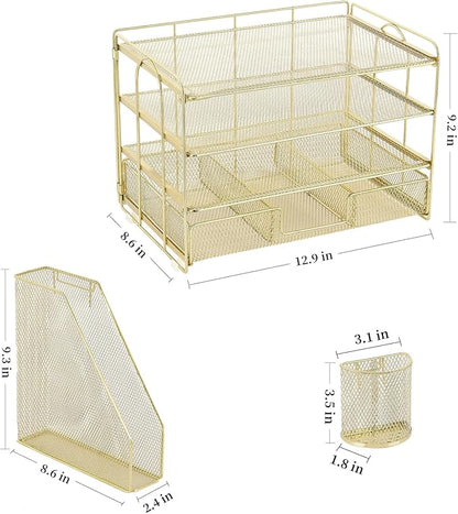 gianotter Paper Letter Tray Organizer with File Holder, 4-Tier Desk Accessories & Workspace Organizers with Drawer and 2 Pen Holder, Desk Organizers and Accessories for Office Supplies