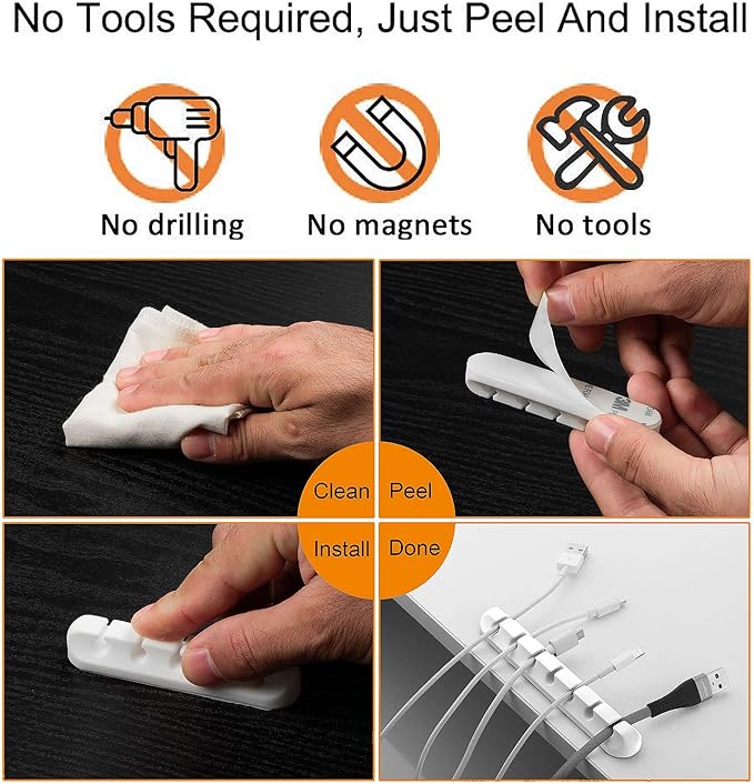 Cord Organizer Cable Management for Desk - 5 Packs White Clips and Cord Keeper, The White Self-Adhesive Holder are Easy to Apply and Stops Wire Getting Dirty