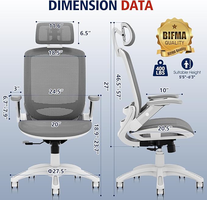 GABRYLLY Ergonomic Office Chair, High Back Home Desk Chair with Headrest, Flip-Up Arms, 90-120° Tilt Lock and Wide Cushion, 400LBS Mesh Chairs for Man Woman, White Task Chair(Dark Grey,GY01WDG)